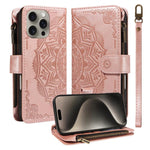 Custodia per telefono in ecopelle vegana con cerniera, protezione RFID e cordino corto, con motivo mandala in rilievo, 9 scomparti per carte e scomparto RFID., For iPhone 16, For iPhone 15 Pro Max, For iPhone 15 Pro, For iPhone 15 Plus