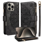Custodia per telefono in ecopelle vegana con cerniera, protezione RFID e cordino corto, con motivo mandala in rilievo, 9 scomparti per carte e scomparto RFID., For iPhone 16, For iPhone 15 Pro Max, For iPhone 15 Pro, For iPhone 15 Plus
