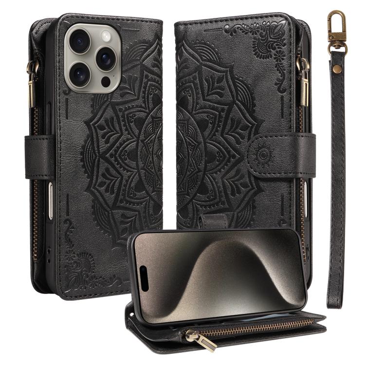 Custodia per telefono in ecopelle vegana con cerniera, protezione RFID e cordino corto, con motivo mandala in rilievo, 9 scomparti per carte e scomparto RFID., For iPhone 16, For iPhone 15 Pro Max, For iPhone 15 Pro, For iPhone 15 Plus