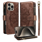 Custodia per telefono in ecopelle vegana con cerniera, protezione RFID e cordino corto, con motivo mandala in rilievo, 9 scomparti per carte e scomparto RFID., For iPhone 16, For iPhone 15 Pro Max, For iPhone 15 Pro, For iPhone 15 Plus