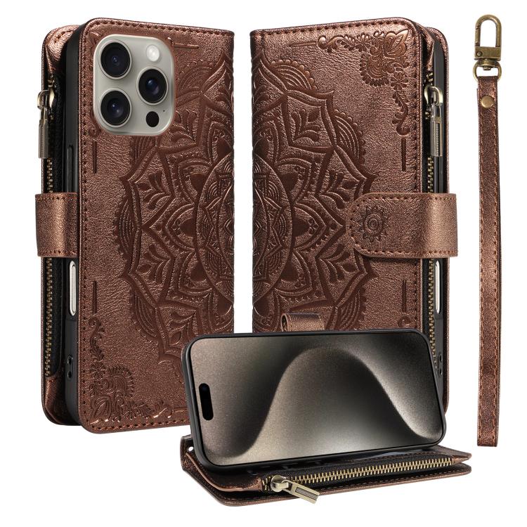 Custodia per telefono in ecopelle vegana con cerniera, protezione RFID e cordino corto, con motivo mandala in rilievo, 9 scomparti per carte e scomparto RFID., For iPhone 16, For iPhone 15 Pro Max, For iPhone 15 Pro, For iPhone 15 Plus