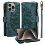 Custodia per telefono in ecopelle vegana con cerniera, protezione RFID e cordino corto, con motivo mandala in rilievo, 9 scomparti per carte e scomparto RFID., For iPhone 16, For iPhone 15 Pro Max, For iPhone 15 Pro, For iPhone 15 Plus