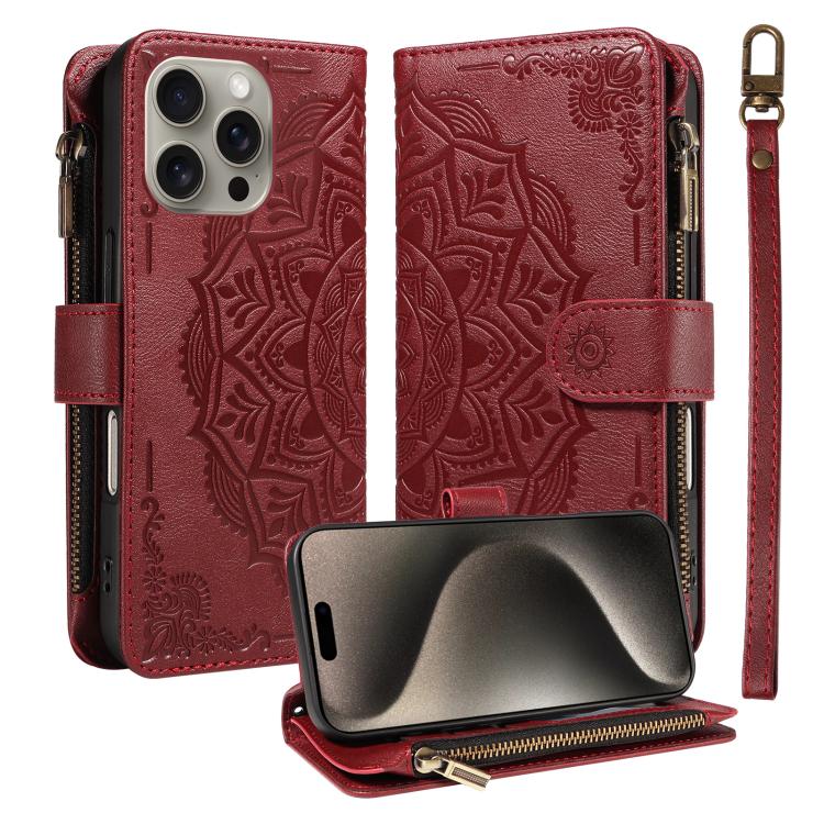 Custodia per telefono in ecopelle vegana con cerniera, protezione RFID e cordino corto, con motivo mandala in rilievo, 9 scomparti per carte e scomparto RFID., For iPhone 16, For iPhone 15 Pro Max, For iPhone 15 Pro, For iPhone 15 Plus