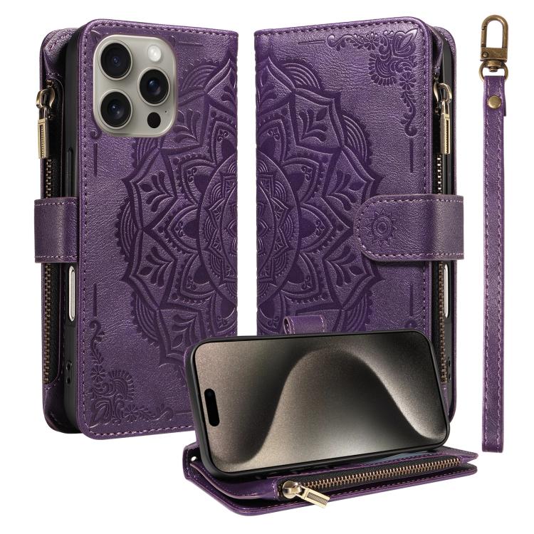 Custodia per telefono in ecopelle vegana con cerniera, protezione RFID e cordino corto, con motivo mandala in rilievo, 9 scomparti per carte e scomparto RFID., For iPhone 16, For iPhone 15 Pro Max, For iPhone 15 Pro, For iPhone 15 Plus