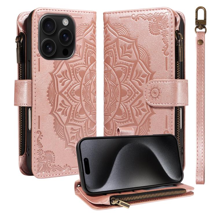 Custodia per telefono in ecopelle vegana con cerniera, protezione RFID e cordino corto, con motivo mandala in rilievo, 9 scomparti per carte e scomparto RFID., For iPhone 16, For iPhone 15 Pro Max, For iPhone 15 Pro, For iPhone 15 Plus