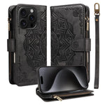 Custodia per telefono in ecopelle vegana con cerniera, protezione RFID e cordino corto, con motivo mandala in rilievo, 9 scomparti per carte e scomparto RFID., For iPhone 16, For iPhone 15 Pro Max, For iPhone 15 Pro, For iPhone 15 Plus