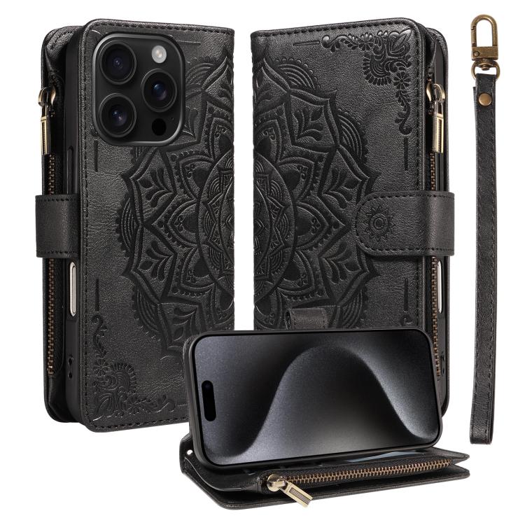Custodia per telefono in ecopelle vegana con cerniera, protezione RFID e cordino corto, con motivo mandala in rilievo, 9 scomparti per carte e scomparto RFID., For iPhone 16, For iPhone 15 Pro Max, For iPhone 15 Pro, For iPhone 15 Plus