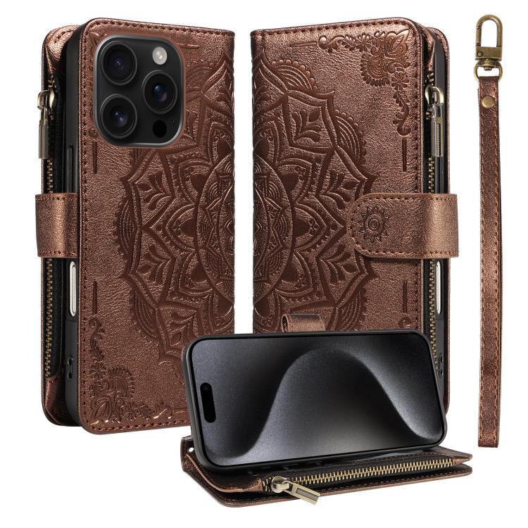 Custodia per telefono in ecopelle vegana con cerniera, protezione RFID e cordino corto, con motivo mandala in rilievo, 9 scomparti per carte e scomparto RFID., For iPhone 16, For iPhone 15 Pro Max, For iPhone 15 Pro, For iPhone 15 Plus