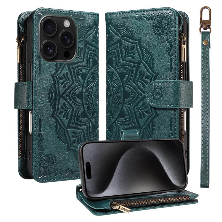 Custodia per telefono in ecopelle vegana con cerniera, protezione RFID e cordino corto, con motivo mandala in rilievo, 9 scomparti per carte e scomparto RFID., For iPhone 16, For iPhone 15 Pro Max, For iPhone 15 Pro, For iPhone 15 Plus