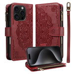 Custodia per telefono in ecopelle vegana con cerniera, protezione RFID e cordino corto, con motivo mandala in rilievo, 9 scomparti per carte e scomparto RFID., For iPhone 16, For iPhone 15 Pro Max, For iPhone 15 Pro, For iPhone 15 Plus