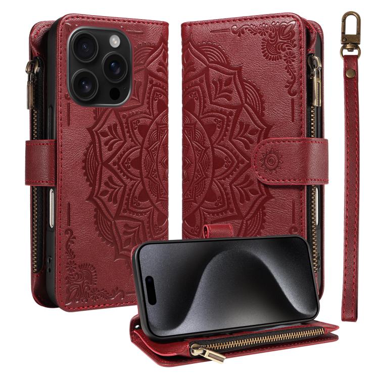 Custodia per telefono in ecopelle vegana con cerniera, protezione RFID e cordino corto, con motivo mandala in rilievo, 9 scomparti per carte e scomparto RFID., For iPhone 16, For iPhone 15 Pro Max, For iPhone 15 Pro, For iPhone 15 Plus