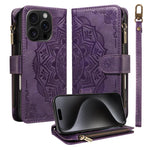 Custodia per telefono in ecopelle vegana con cerniera, protezione RFID e cordino corto, con motivo mandala in rilievo, 9 scomparti per carte e scomparto RFID., For iPhone 16, For iPhone 15 Pro Max, For iPhone 15 Pro, For iPhone 15 Plus