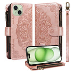 Custodia per telefono in ecopelle vegana con cerniera, protezione RFID e cordino corto, con motivo mandala in rilievo, 9 scomparti per carte e scomparto RFID., For iPhone 16, For iPhone 15 Pro Max, For iPhone 15 Pro, For iPhone 15 Plus