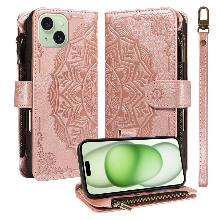 Custodia per telefono in ecopelle vegana con cerniera, protezione RFID e cordino corto, con motivo mandala in rilievo, 9 scomparti per carte e scomparto RFID., For iPhone 16, For iPhone 15 Pro Max, For iPhone 15 Pro, For iPhone 15 Plus