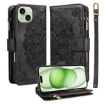 Custodia per telefono in ecopelle vegana con cerniera, protezione RFID e cordino corto, con motivo mandala in rilievo, 9 scomparti per carte e scomparto RFID., For iPhone 16, For iPhone 15 Pro Max, For iPhone 15 Pro, For iPhone 15 Plus