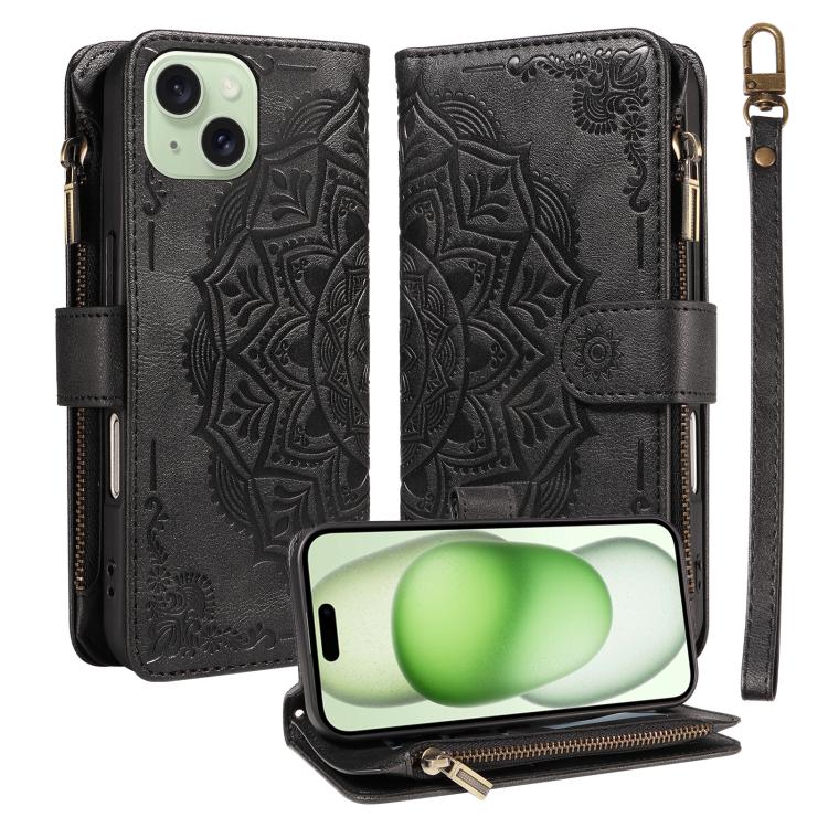 Custodia per telefono in ecopelle vegana con cerniera, protezione RFID e cordino corto, con motivo mandala in rilievo, 9 scomparti per carte e scomparto RFID., For iPhone 16, For iPhone 15 Pro Max, For iPhone 15 Pro, For iPhone 15 Plus