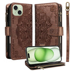 Custodia per telefono in ecopelle vegana con cerniera, protezione RFID e cordino corto, con motivo mandala in rilievo, 9 scomparti per carte e scomparto RFID., For iPhone 16, For iPhone 15 Pro Max, For iPhone 15 Pro, For iPhone 15 Plus