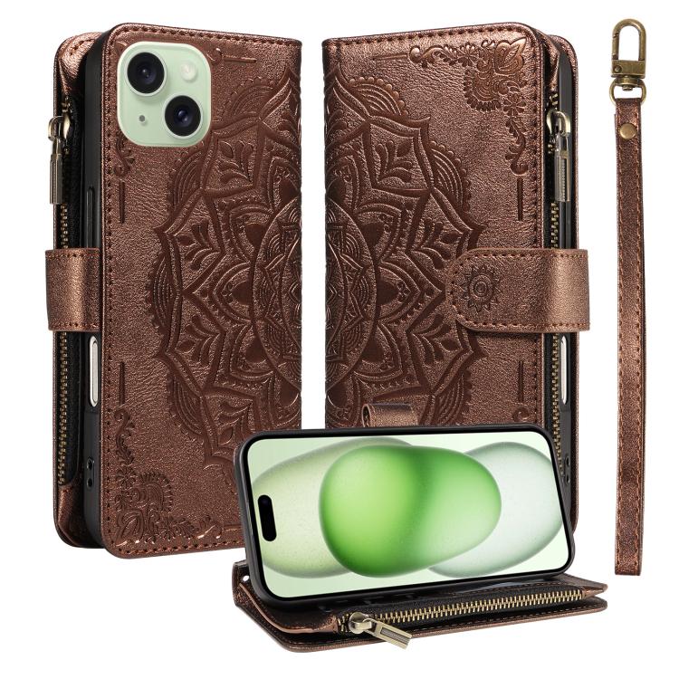 Custodia per telefono in ecopelle vegana con cerniera, protezione RFID e cordino corto, con motivo mandala in rilievo, 9 scomparti per carte e scomparto RFID., For iPhone 16, For iPhone 15 Pro Max, For iPhone 15 Pro, For iPhone 15 Plus