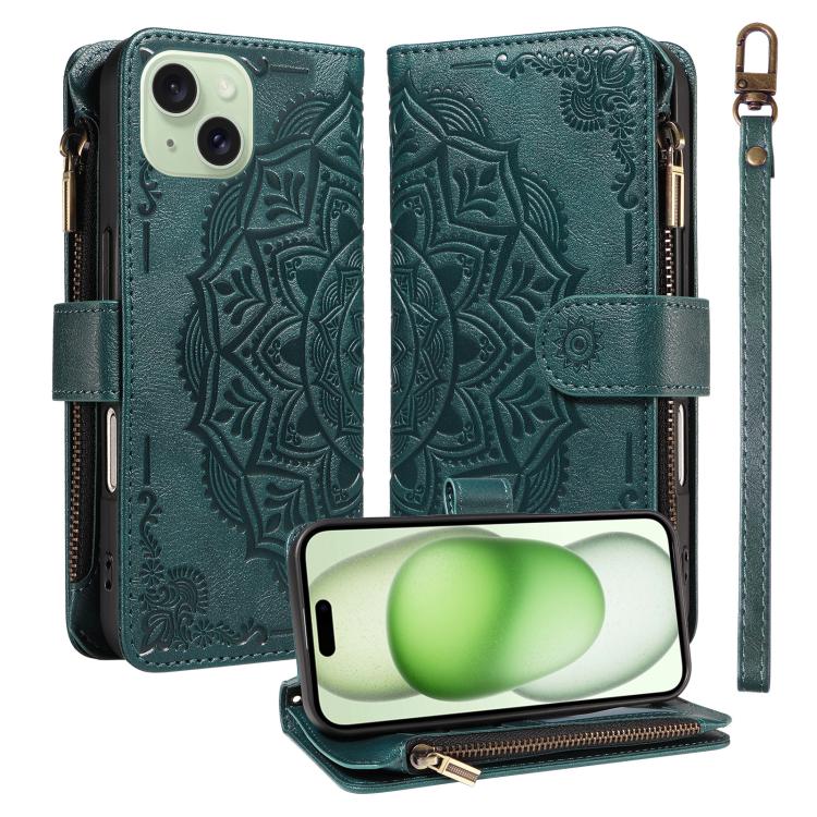 Custodia per telefono in ecopelle vegana con cerniera, protezione RFID e cordino corto, con motivo mandala in rilievo, 9 scomparti per carte e scomparto RFID., For iPhone 16, For iPhone 15 Pro Max, For iPhone 15 Pro, For iPhone 15 Plus