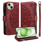 Custodia per telefono in ecopelle vegana con cerniera, protezione RFID e cordino corto, con motivo mandala in rilievo, 9 scomparti per carte e scomparto RFID., For iPhone 16, For iPhone 15 Pro Max, For iPhone 15 Pro, For iPhone 15 Plus