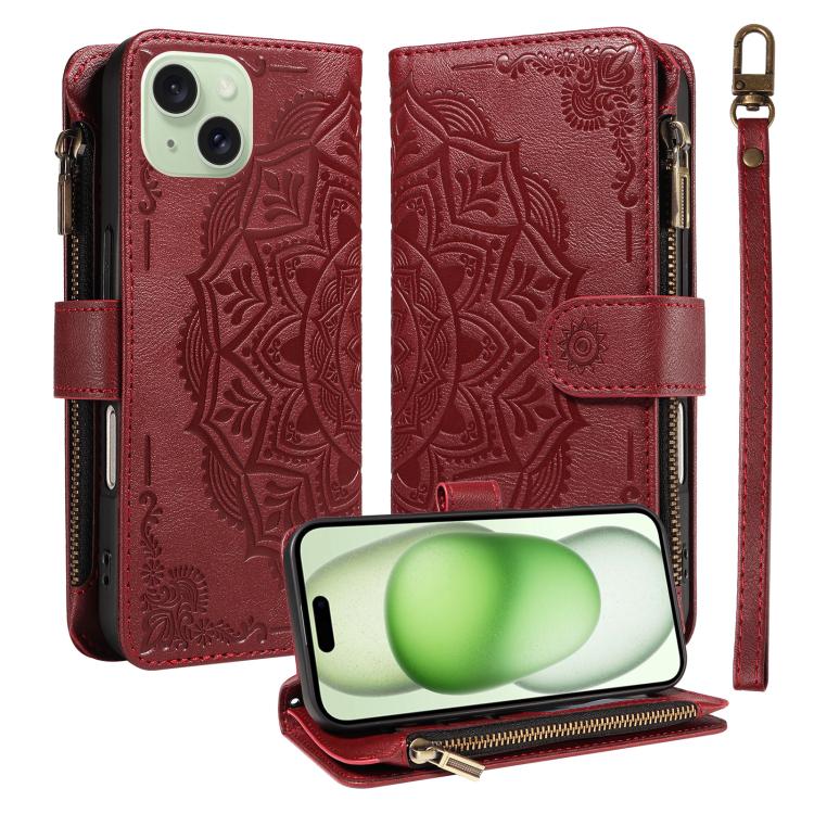 Custodia per telefono in ecopelle vegana con cerniera, protezione RFID e cordino corto, con motivo mandala in rilievo, 9 scomparti per carte e scomparto RFID., For iPhone 16, For iPhone 15 Pro Max, For iPhone 15 Pro, For iPhone 15 Plus