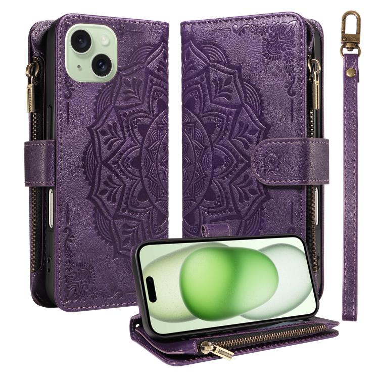 Custodia per telefono in ecopelle vegana con cerniera, protezione RFID e cordino corto, con motivo mandala in rilievo, 9 scomparti per carte e scomparto RFID., For iPhone 16, For iPhone 15 Pro Max, For iPhone 15 Pro, For iPhone 15 Plus