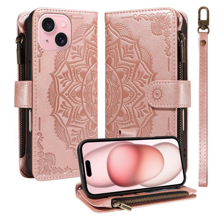 Custodia per telefono in ecopelle vegana con cerniera, protezione RFID e cordino corto, con motivo mandala in rilievo, 9 scomparti per carte e scomparto RFID., For iPhone 15, For iPhone 14 Plus, For iPhone 14, For iPhone 14 Pro