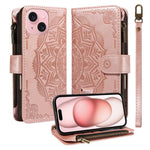 Custodia per telefono in ecopelle vegana con cerniera, protezione RFID e cordino corto, con motivo mandala in rilievo, 9 scomparti per carte e scomparto RFID., For iPhone 15, For iPhone 14 Plus, For iPhone 14, For iPhone 14 Pro