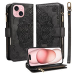 Custodia per telefono in ecopelle vegana con cerniera, protezione RFID e cordino corto, con motivo mandala in rilievo, 9 scomparti per carte e scomparto RFID., For iPhone 15, For iPhone 14 Plus, For iPhone 14, For iPhone 14 Pro