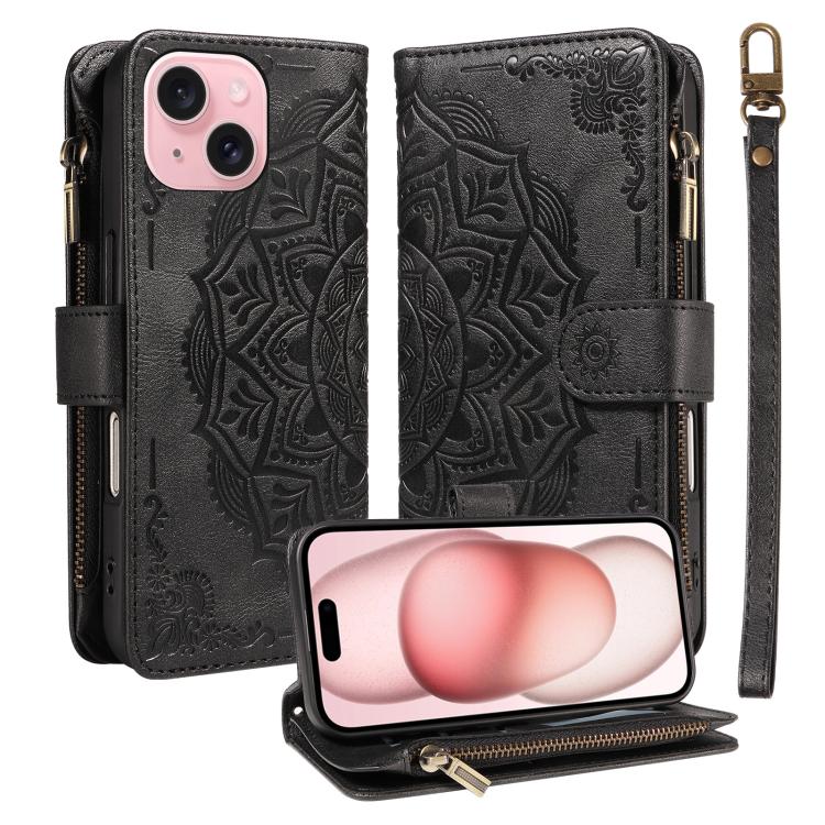 Custodia per telefono in ecopelle vegana con cerniera, protezione RFID e cordino corto, con motivo mandala in rilievo, 9 scomparti per carte e scomparto RFID., For iPhone 15, For iPhone 14 Plus, For iPhone 14, For iPhone 14 Pro