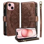 Custodia per telefono in ecopelle vegana con cerniera, protezione RFID e cordino corto, con motivo mandala in rilievo, 9 scomparti per carte e scomparto RFID., For iPhone 15, For iPhone 14 Plus, For iPhone 14, For iPhone 14 Pro