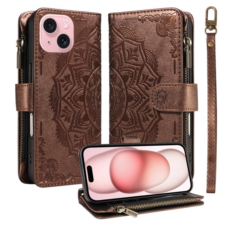 Custodia per telefono in ecopelle vegana con cerniera, protezione RFID e cordino corto, con motivo mandala in rilievo, 9 scomparti per carte e scomparto RFID., For iPhone 15, For iPhone 14 Plus, For iPhone 14, For iPhone 14 Pro