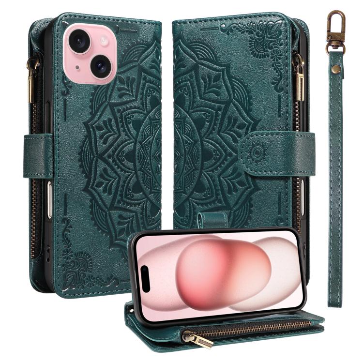 Custodia per telefono in ecopelle vegana con cerniera, protezione RFID e cordino corto, con motivo mandala in rilievo, 9 scomparti per carte e scomparto RFID., For iPhone 15, For iPhone 14 Plus, For iPhone 14, For iPhone 14 Pro