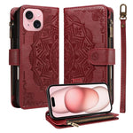 Custodia per telefono in ecopelle vegana con cerniera, protezione RFID e cordino corto, con motivo mandala in rilievo, 9 scomparti per carte e scomparto RFID., For iPhone 15, For iPhone 14 Plus, For iPhone 14, For iPhone 14 Pro