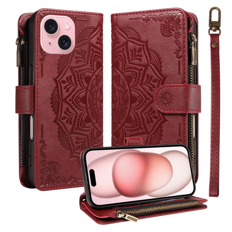 Custodia per telefono in ecopelle vegana con cerniera, protezione RFID e cordino corto, con motivo mandala in rilievo, 9 scomparti per carte e scomparto RFID., For iPhone 15, For iPhone 14 Plus, For iPhone 14, For iPhone 14 Pro