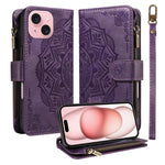 Custodia per telefono in ecopelle vegana con cerniera, protezione RFID e cordino corto, con motivo mandala in rilievo, 9 scomparti per carte e scomparto RFID., For iPhone 15, For iPhone 14 Plus, For iPhone 14, For iPhone 14 Pro