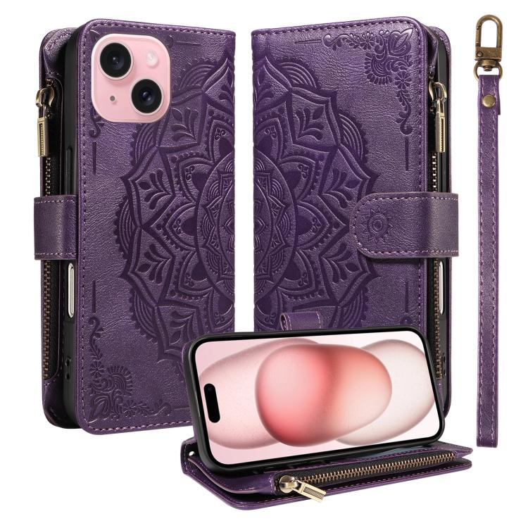Custodia per telefono in ecopelle vegana con cerniera, protezione RFID e cordino corto, con motivo mandala in rilievo, 9 scomparti per carte e scomparto RFID., For iPhone 15, For iPhone 14 Plus, For iPhone 14, For iPhone 14 Pro