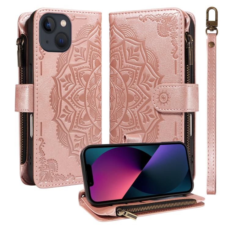 Custodia per telefono in ecopelle vegana con cerniera, protezione RFID e cordino corto, con motivo mandala in rilievo, 9 scomparti per carte e scomparto RFID., For iPhone 15, For iPhone 14 Plus, For iPhone 14, For iPhone 14 Pro