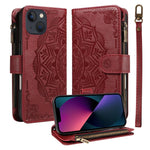 Custodia per telefono in ecopelle vegana con cerniera, protezione RFID e cordino corto, con motivo mandala in rilievo, 9 scomparti per carte e scomparto RFID., For iPhone 15, For iPhone 14 Plus, For iPhone 14, For iPhone 14 Pro