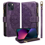 Custodia per telefono in ecopelle vegana con cerniera, protezione RFID e cordino corto, con motivo mandala in rilievo, 9 scomparti per carte e scomparto RFID., For iPhone 15, For iPhone 14 Plus, For iPhone 14, For iPhone 14 Pro