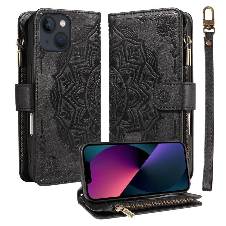 Custodia per telefono in ecopelle vegana con cerniera, protezione RFID e cordino corto, con motivo mandala in rilievo, 9 scomparti per carte e scomparto RFID., For iPhone 15, For iPhone 14 Plus, For iPhone 14, For iPhone 14 Pro