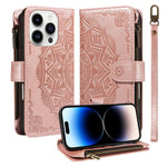 Custodia per telefono in ecopelle vegana con cerniera, protezione RFID e cordino corto, con motivo mandala in rilievo, 9 scomparti per carte e scomparto RFID., For iPhone 15, For iPhone 14 Plus, For iPhone 14, For iPhone 14 Pro