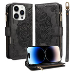 Custodia per telefono in ecopelle vegana con cerniera, protezione RFID e cordino corto, con motivo mandala in rilievo, 9 scomparti per carte e scomparto RFID., For iPhone 15, For iPhone 14 Plus, For iPhone 14, For iPhone 14 Pro