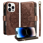 Custodia per telefono in ecopelle vegana con cerniera, protezione RFID e cordino corto, con motivo mandala in rilievo, 9 scomparti per carte e scomparto RFID., For iPhone 15, For iPhone 14 Plus, For iPhone 14, For iPhone 14 Pro