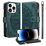 Custodia per telefono in ecopelle vegana con cerniera, protezione RFID e cordino corto, con motivo mandala in rilievo, 9 scomparti per carte e scomparto RFID., For iPhone 15, For iPhone 14 Plus, For iPhone 14, For iPhone 14 Pro