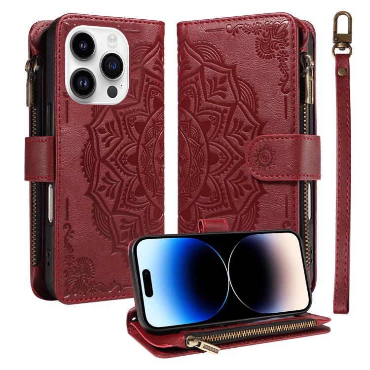 Custodia per telefono in ecopelle vegana con cerniera, protezione RFID e cordino corto, con motivo mandala in rilievo, 9 scomparti per carte e scomparto RFID., For iPhone 15, For iPhone 14 Plus, For iPhone 14, For iPhone 14 Pro