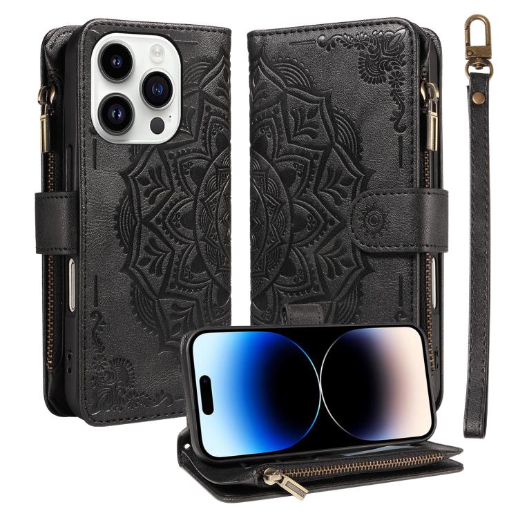 Custodia per telefono in ecopelle vegana con cerniera, protezione RFID e cordino corto, con motivo mandala in rilievo, 9 scomparti per carte e scomparto RFID., For iPhone 14 Pro Max, For iPhone SE 2022 / SE 2020, For iPhone 13 Pro Max, For iPhone 13 Pro