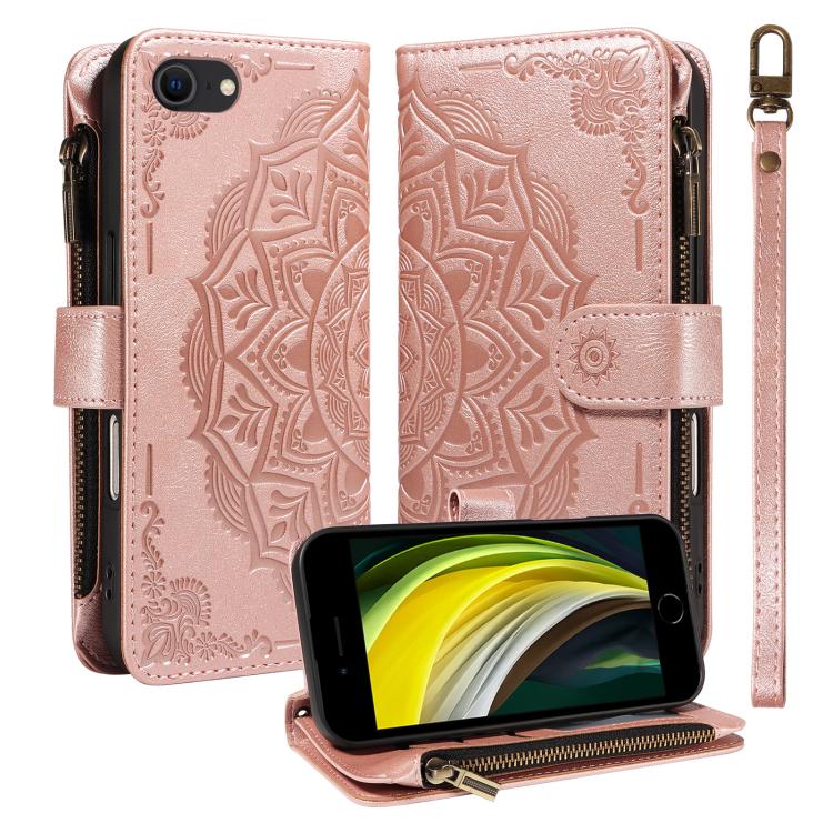 Custodia per telefono in ecopelle vegana con cerniera, protezione RFID e cordino corto, con motivo mandala in rilievo, 9 scomparti per carte e scomparto RFID., For iPhone 14 Pro Max, For iPhone SE 2022 / SE 2020, For iPhone 13 Pro Max, For iPhone 13 Pro