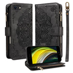 Custodia per telefono in ecopelle vegana con cerniera, protezione RFID e cordino corto, con motivo mandala in rilievo, 9 scomparti per carte e scomparto RFID., For iPhone 14 Pro Max, For iPhone SE 2022 / SE 2020, For iPhone 13 Pro Max, For iPhone 13 Pro