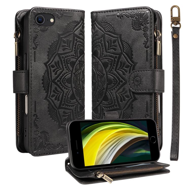 Custodia per telefono in ecopelle vegana con cerniera, protezione RFID e cordino corto, con motivo mandala in rilievo, 9 scomparti per carte e scomparto RFID., For iPhone 14 Pro Max, For iPhone SE 2022 / SE 2020, For iPhone 13 Pro Max, For iPhone 13 Pro